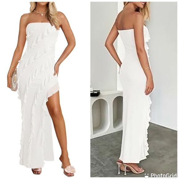 ZESICA Strapless Sexy Off Shoulder Mesh Tassel Ruffle Side Slit Sheath Party Dre - Picture 1 of 13